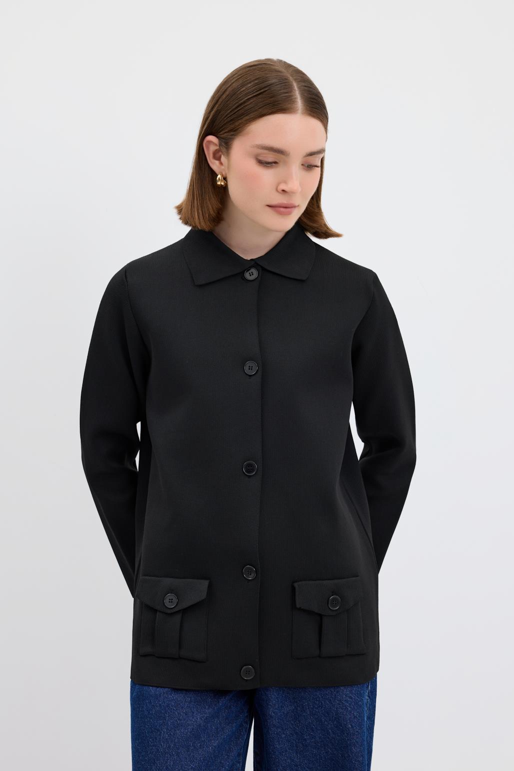 Düz Renk Cepli Triko Hırka Siyah