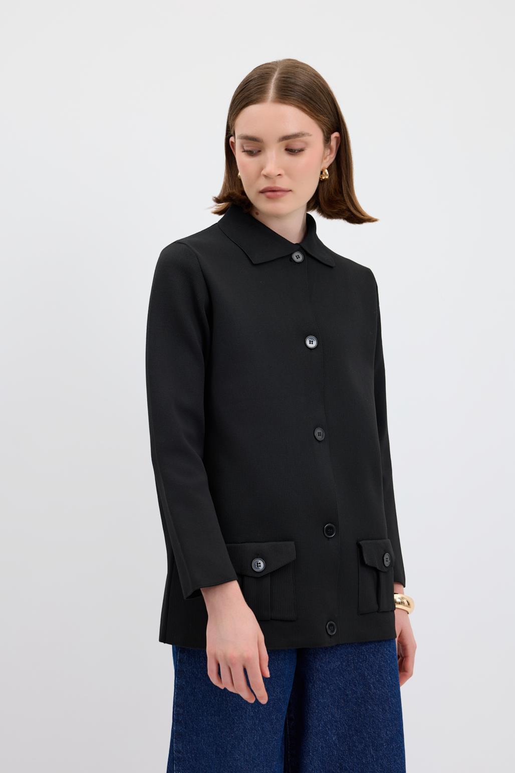 Düz Renk Cepli Triko Hırka Siyah