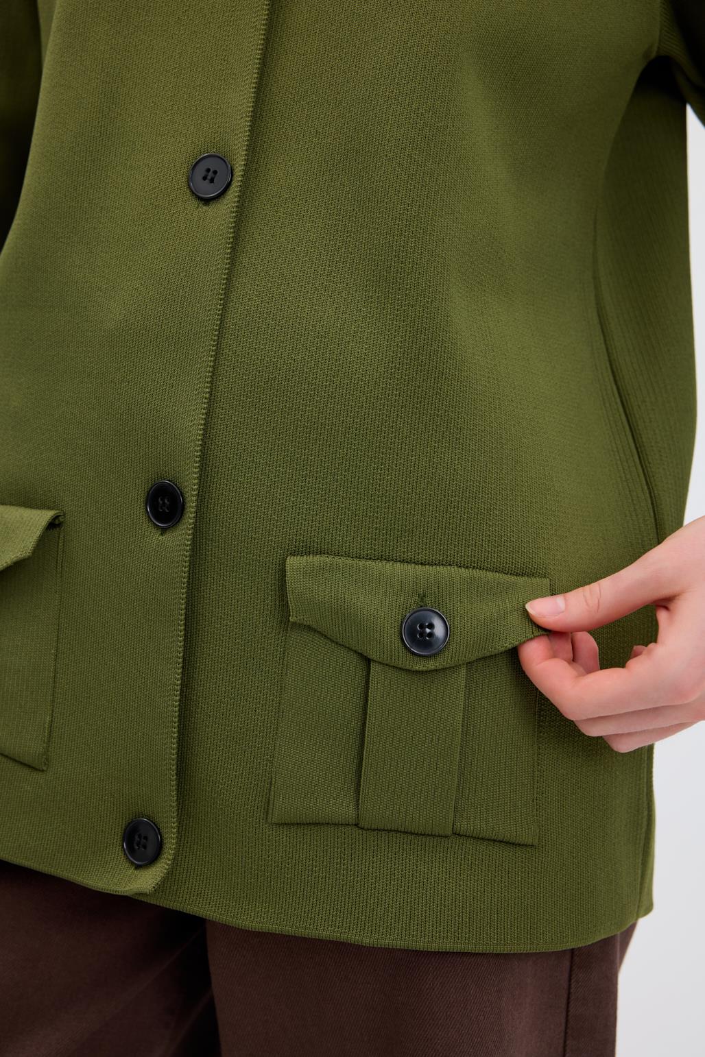 Düz Renk Cepli Triko Hırka Yağ Yeşili