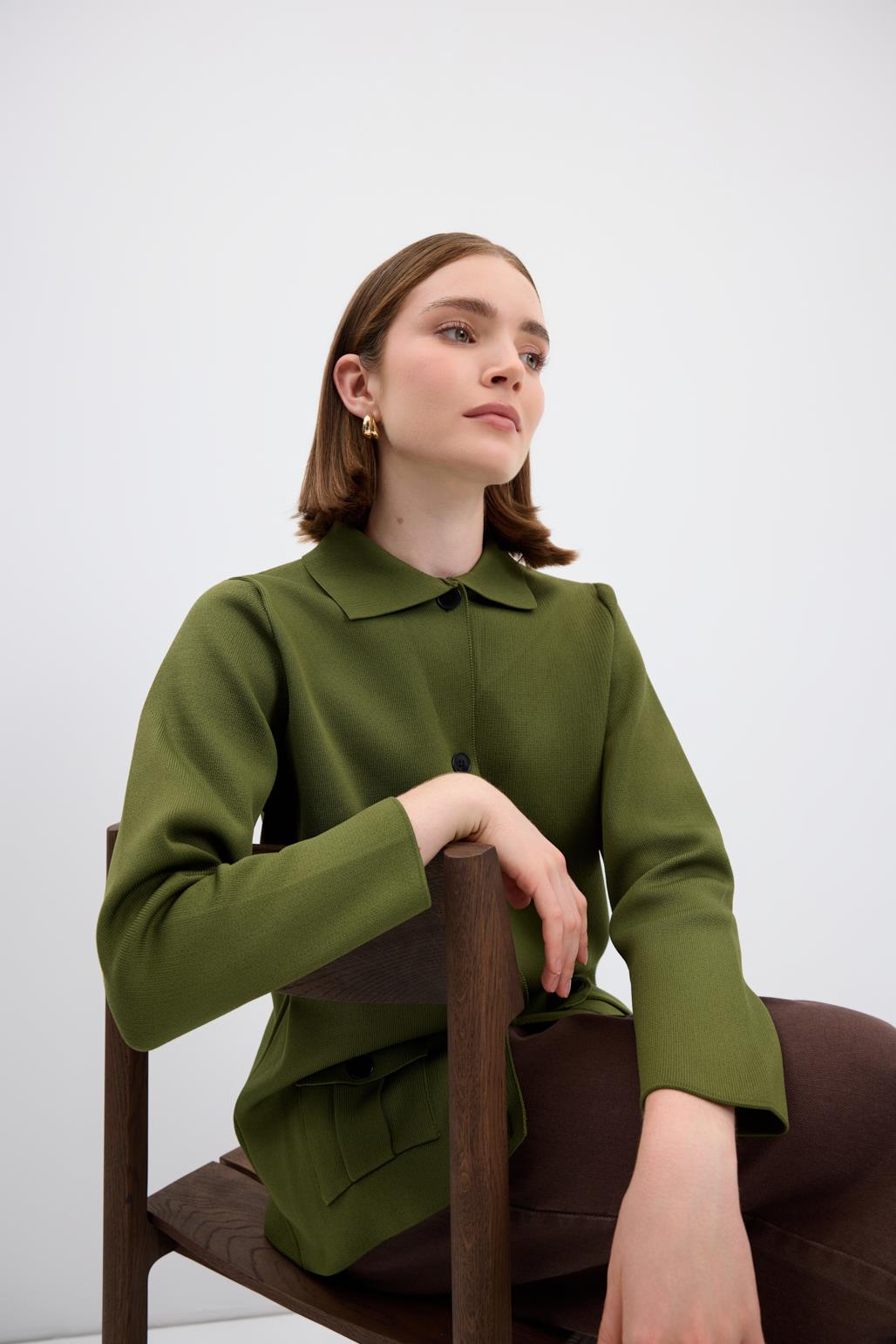 Düz Renk Cepli Triko Hırka Yağ Yeşili