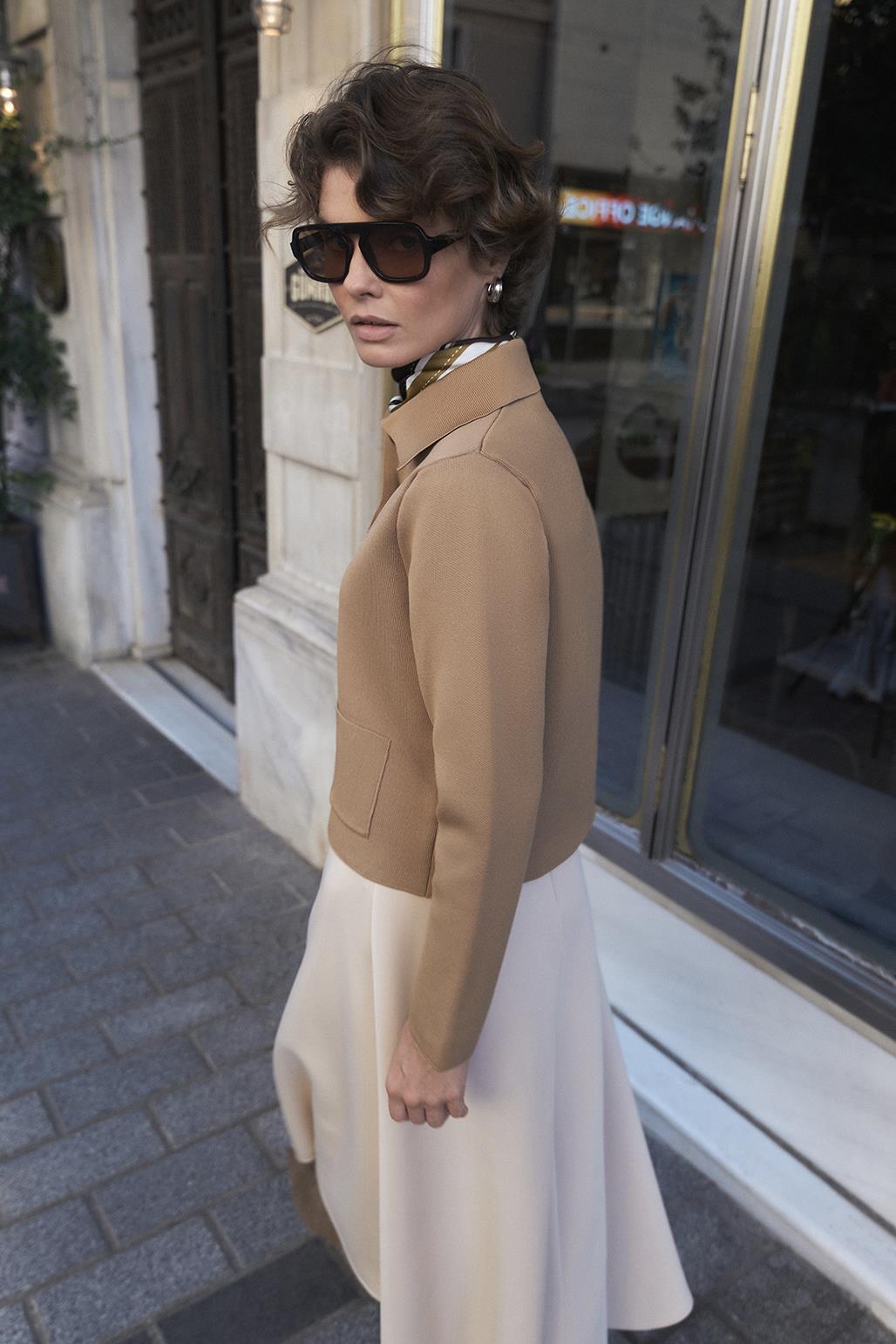 Düz Renk Midi Triko Hırka Camel