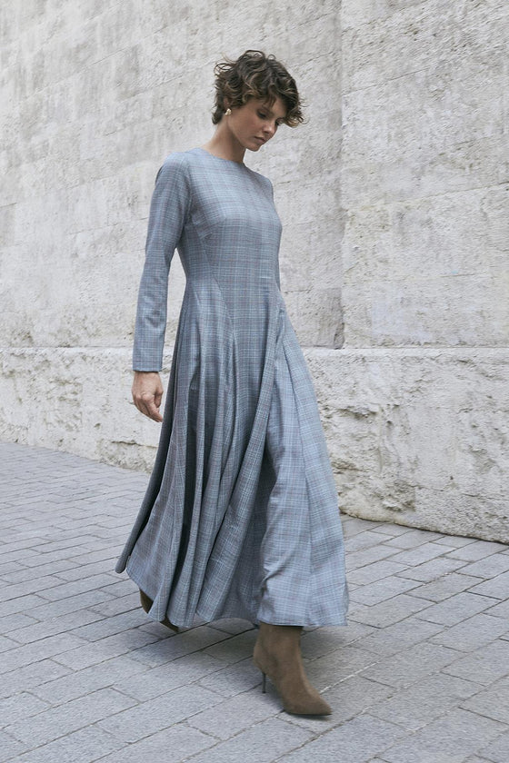 Ekose Desenli Parçalı Uzun Elbise Gri