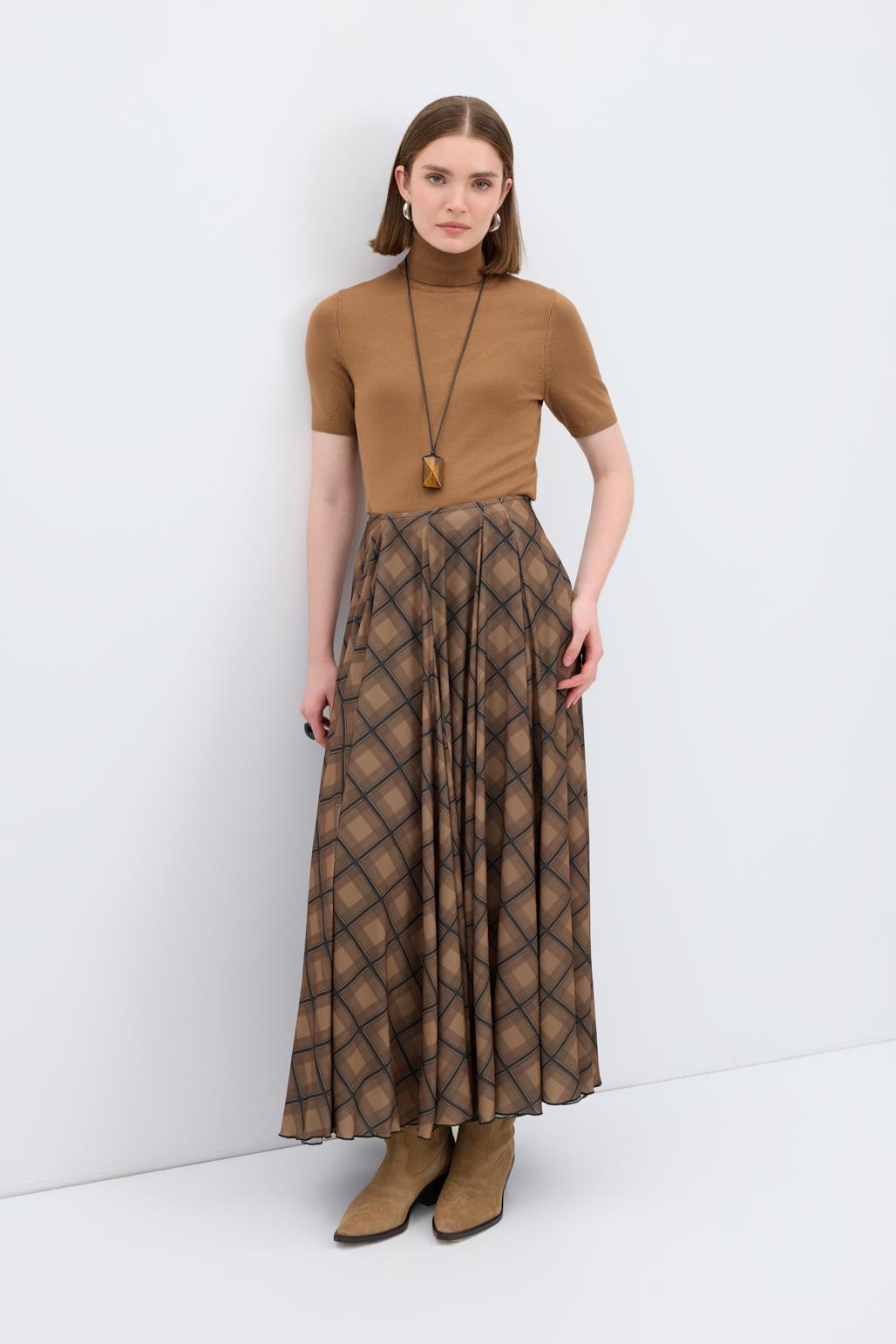 Ekose Desenli Uzun Kloş Etek Kahve