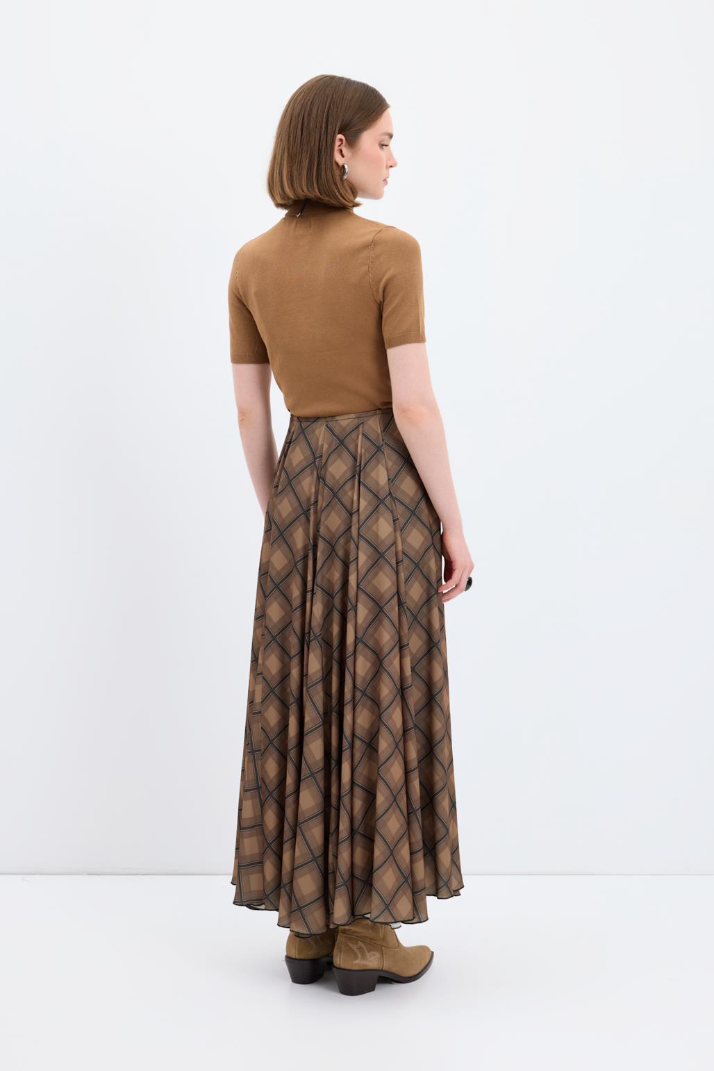 Ekose Desenli Uzun Kloş Etek Kahve
