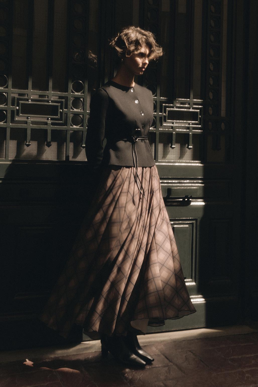 Ekose Desenli Uzun Kloş Etek Kahve