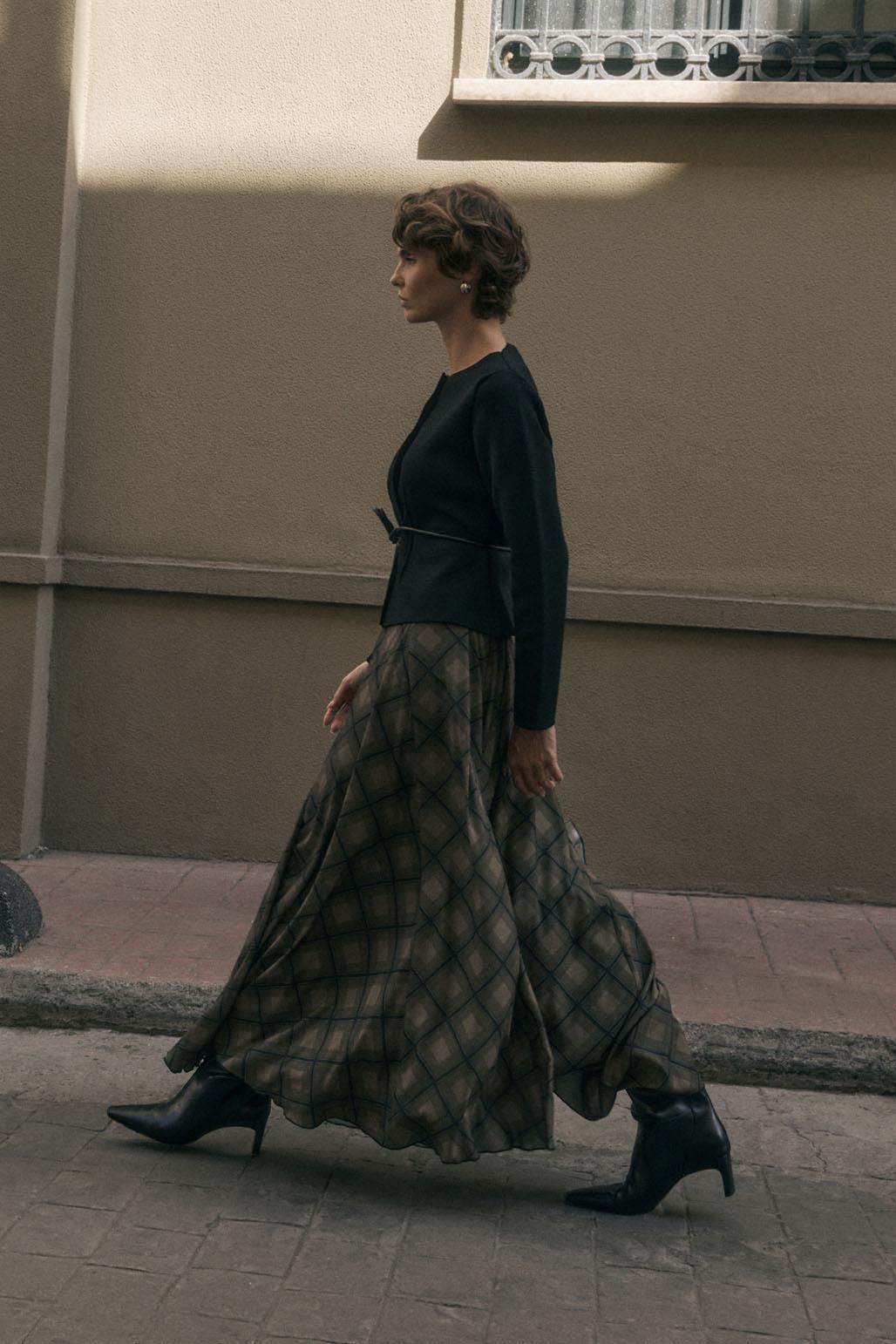 Ekose Desenli Uzun Kloş Etek Kahve