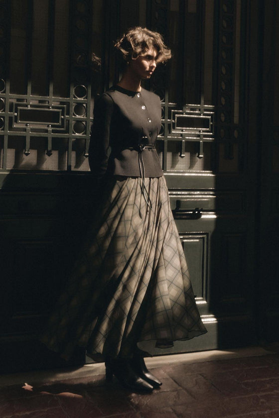 Ekose Desenli Uzun Kloş Etek Kahve