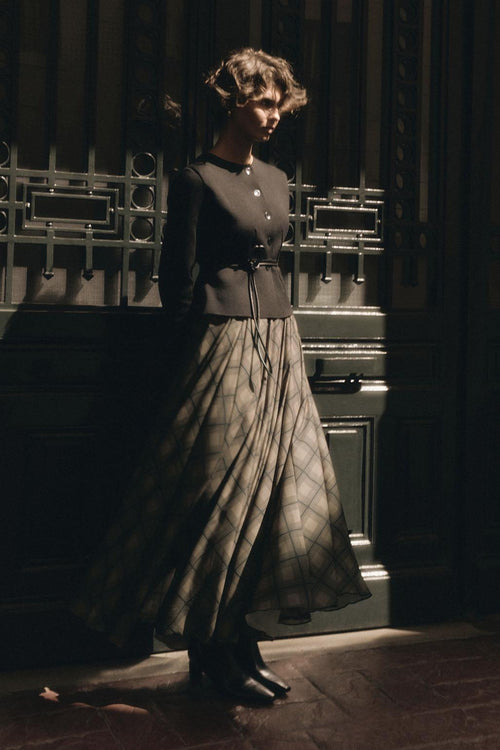 Ekose Desenli Uzun Kloş Etek Kahve