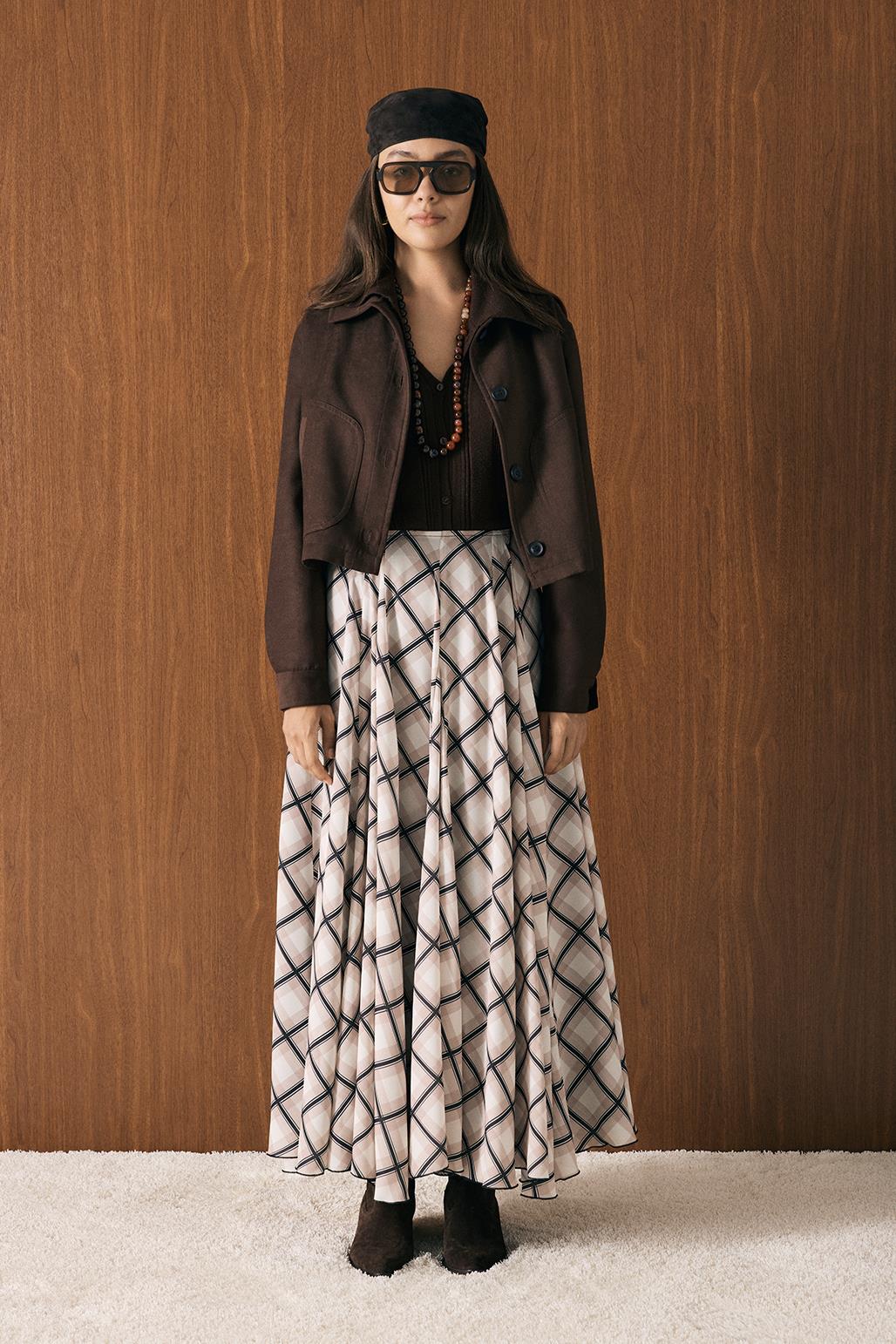 Ekose Desenli Uzun Kloş Etek Vizon