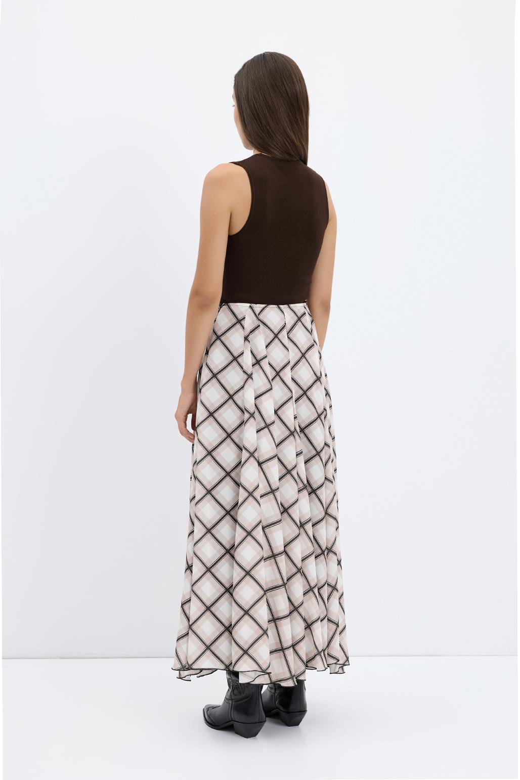 Ekose Desenli Uzun Kloş Etek Vizon