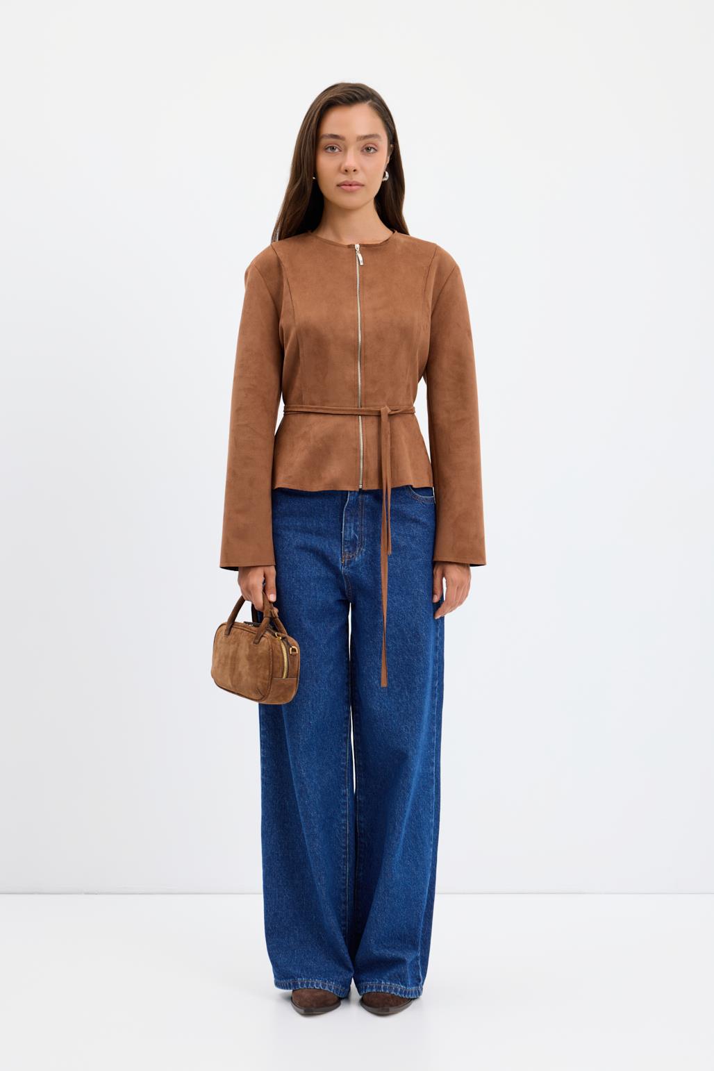 Fermuarlı Bisiklet Yaka Kısa Süet Ceket Taba