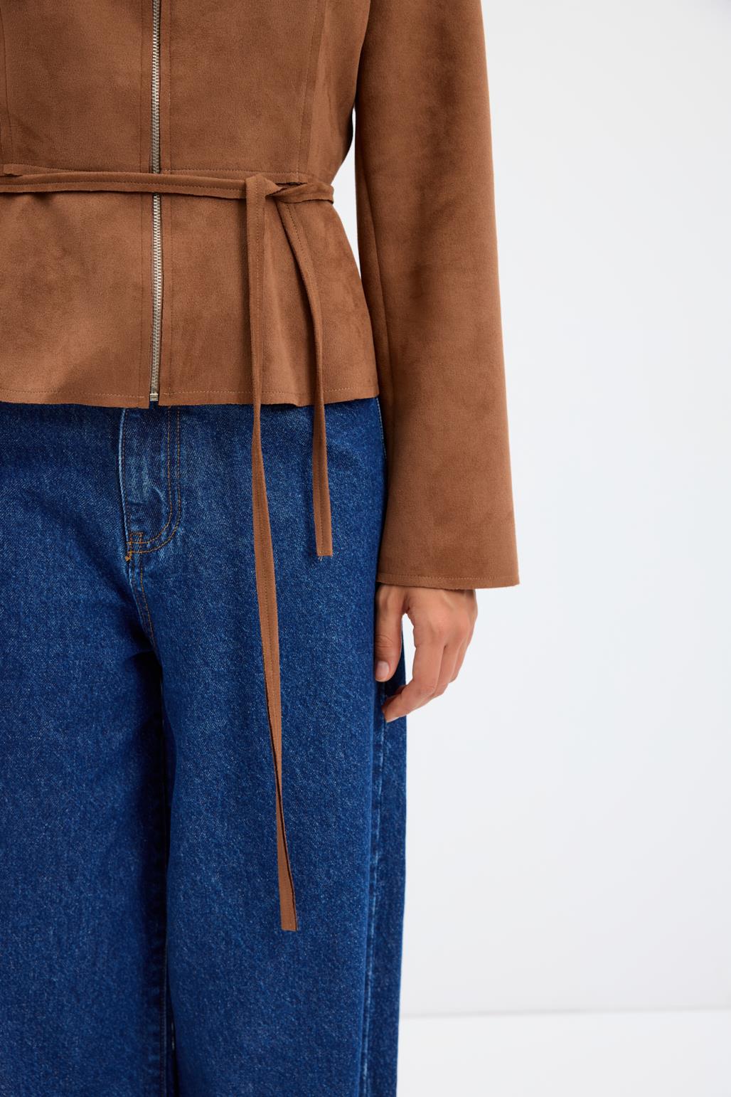 Fermuarlı Bisiklet Yaka Kısa Süet Ceket Taba