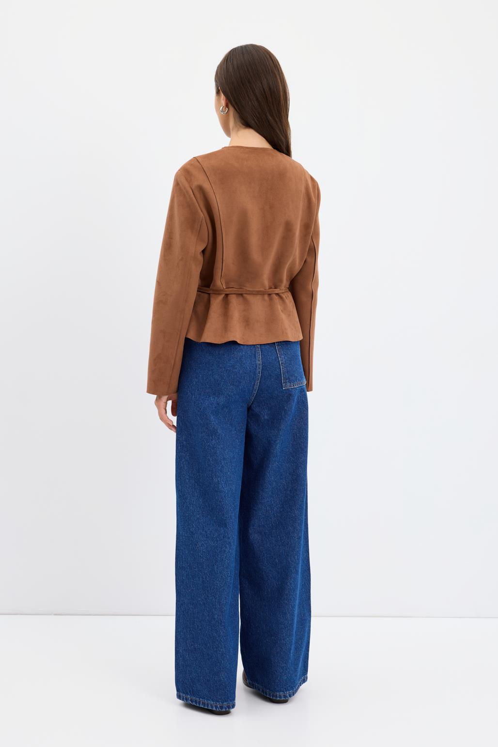 Fermuarlı Bisiklet Yaka Kısa Süet Ceket Taba