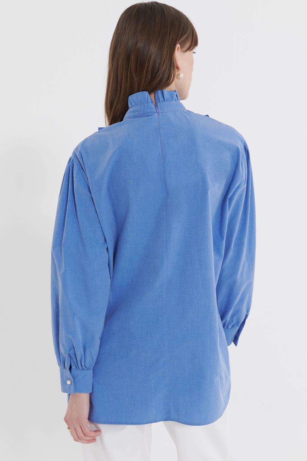 Fırfır Detaylı Dik Yaka Gömlek Kot Mavi