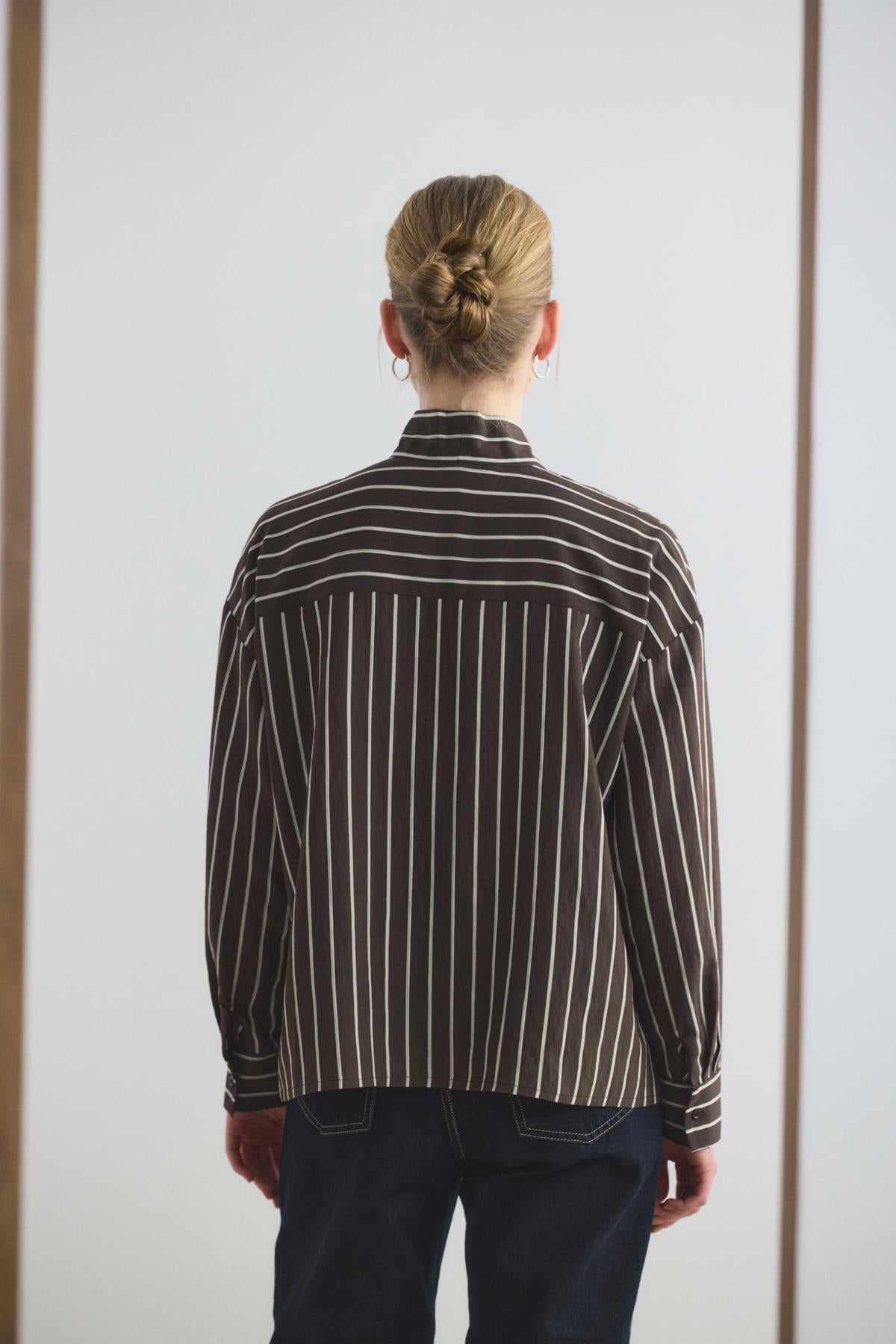 Fularlı Çizgili Gömlek Acı Kahve