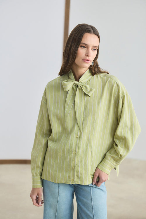 Fularlı Çizgili Gömlek Olive