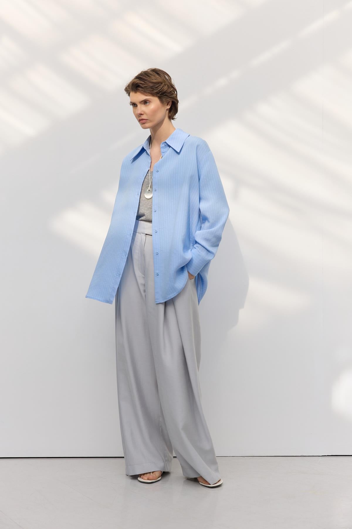 Fularlı Oversize Çizgili Gömlek Açık Mavi
