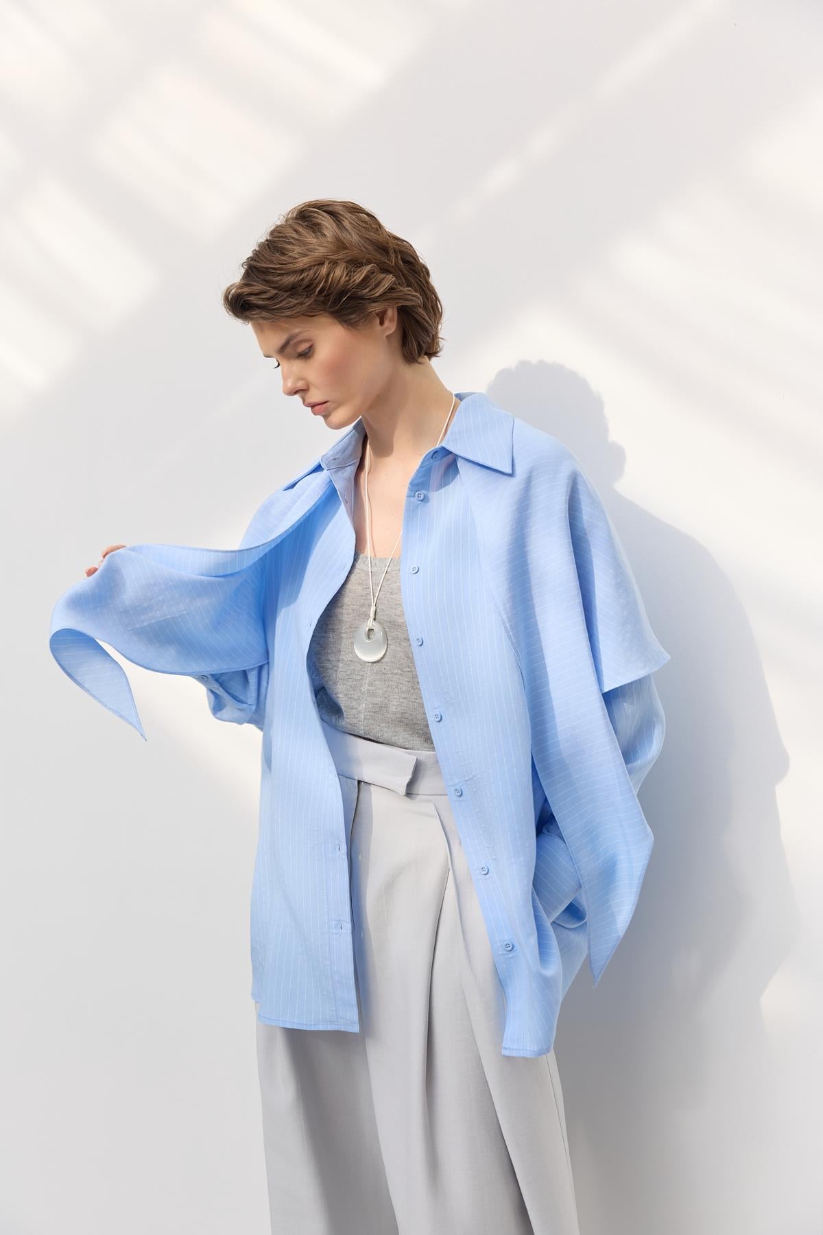 Fularlı Oversize Çizgili Gömlek Açık Mavi