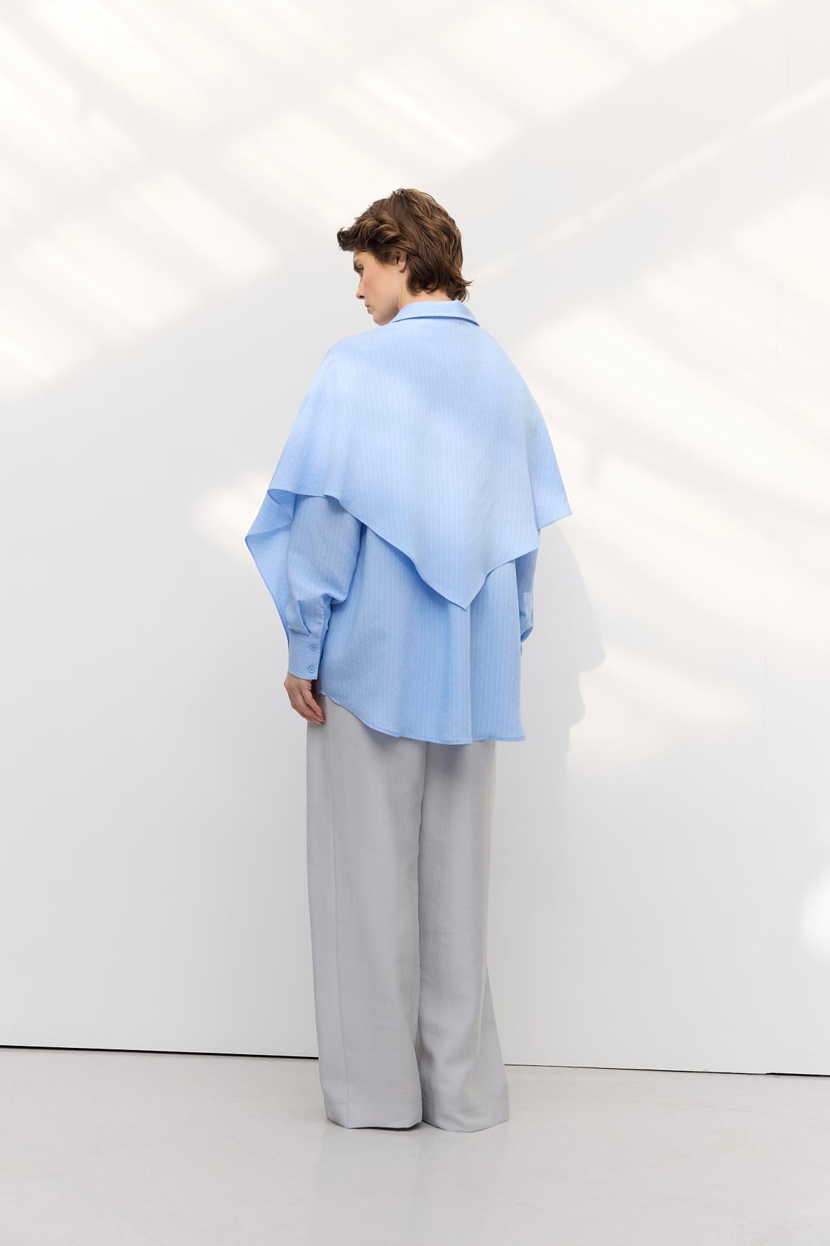 Fularlı Oversize Çizgili Gömlek Açık Mavi