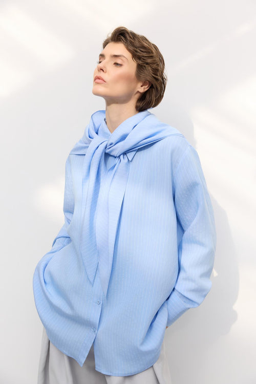 Fularlı Oversize Çizgili Gömlek Açık Mavi