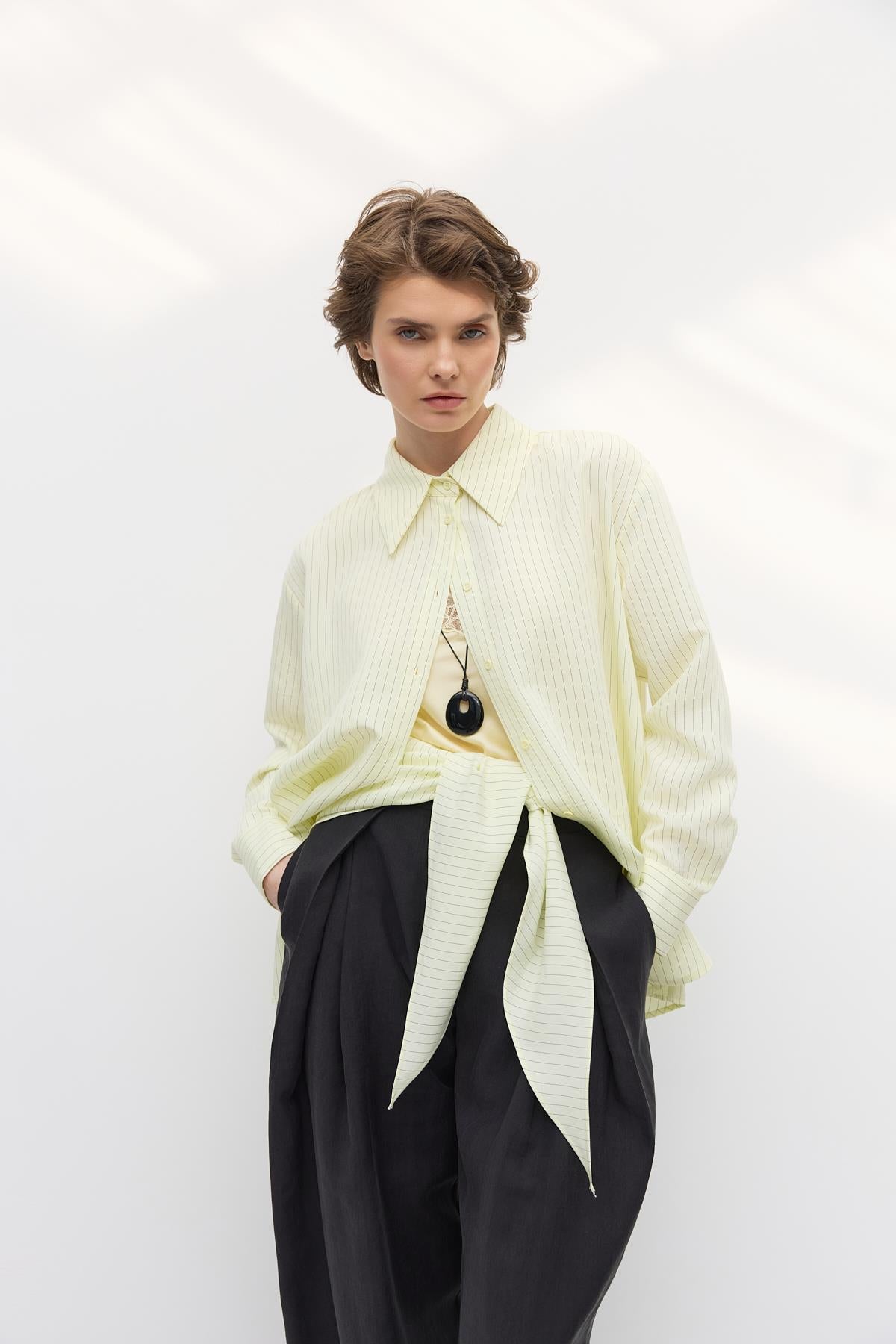 Fularlı Oversize Çizgili Gömlek Sarı