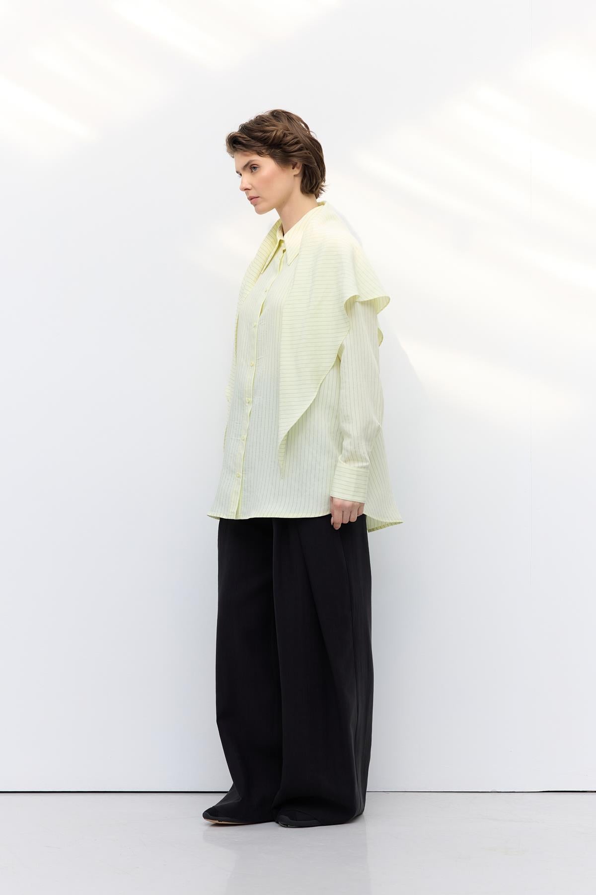 Fularlı Oversize Çizgili Gömlek Sarı