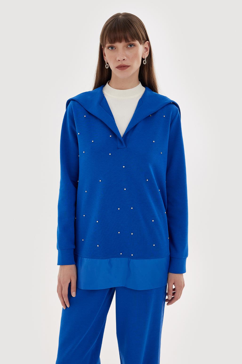 Geniş Yakalı Taşlı Sweat Pantolon Takım Saks