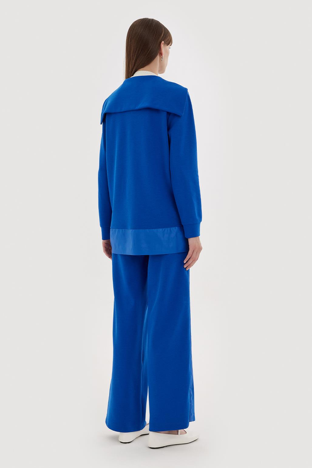 Geniş Yakalı Taşlı Sweat Pantolon Takım Saks