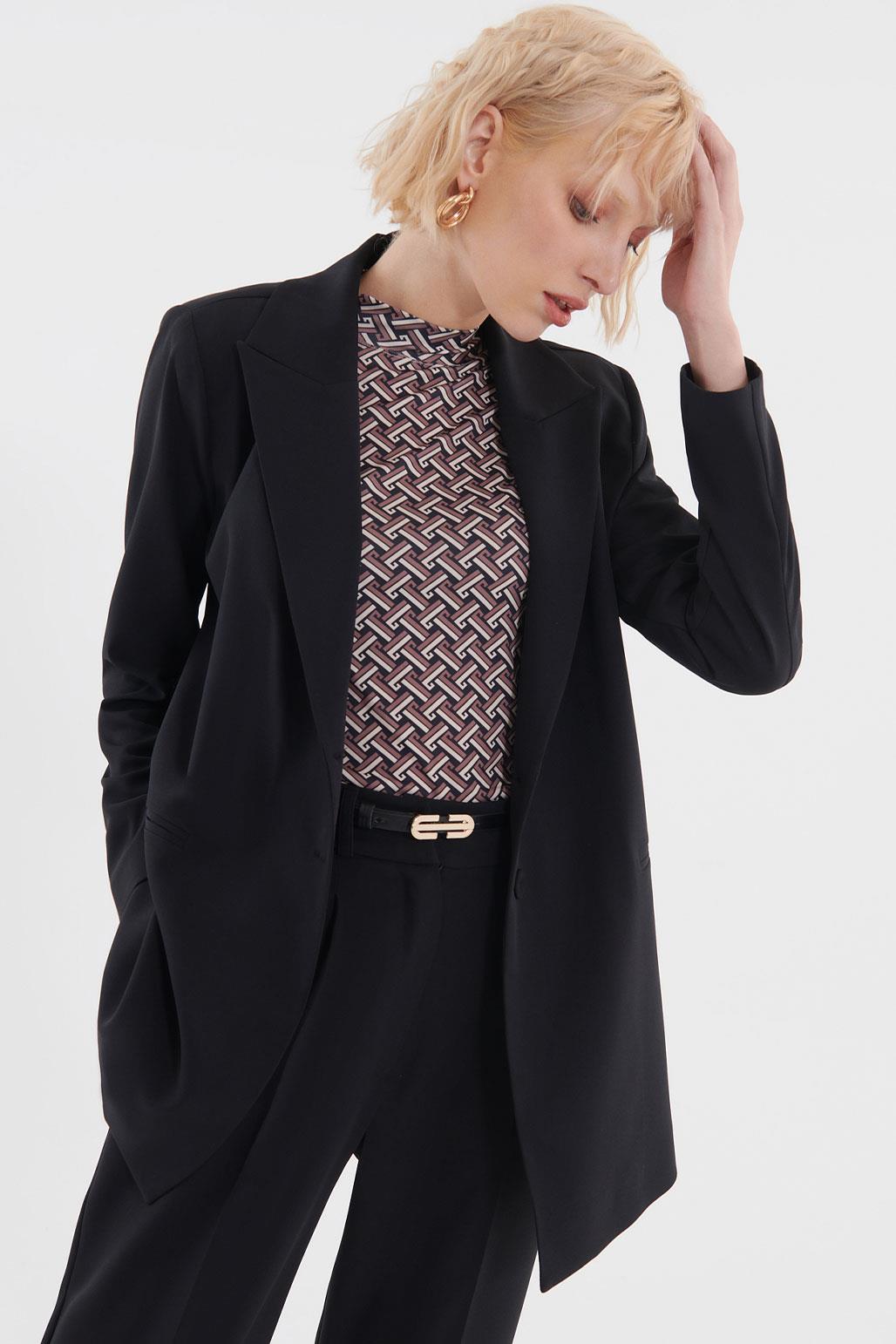 Geometrık Desenlı Renkli Dik Yaka Bluz Siyah