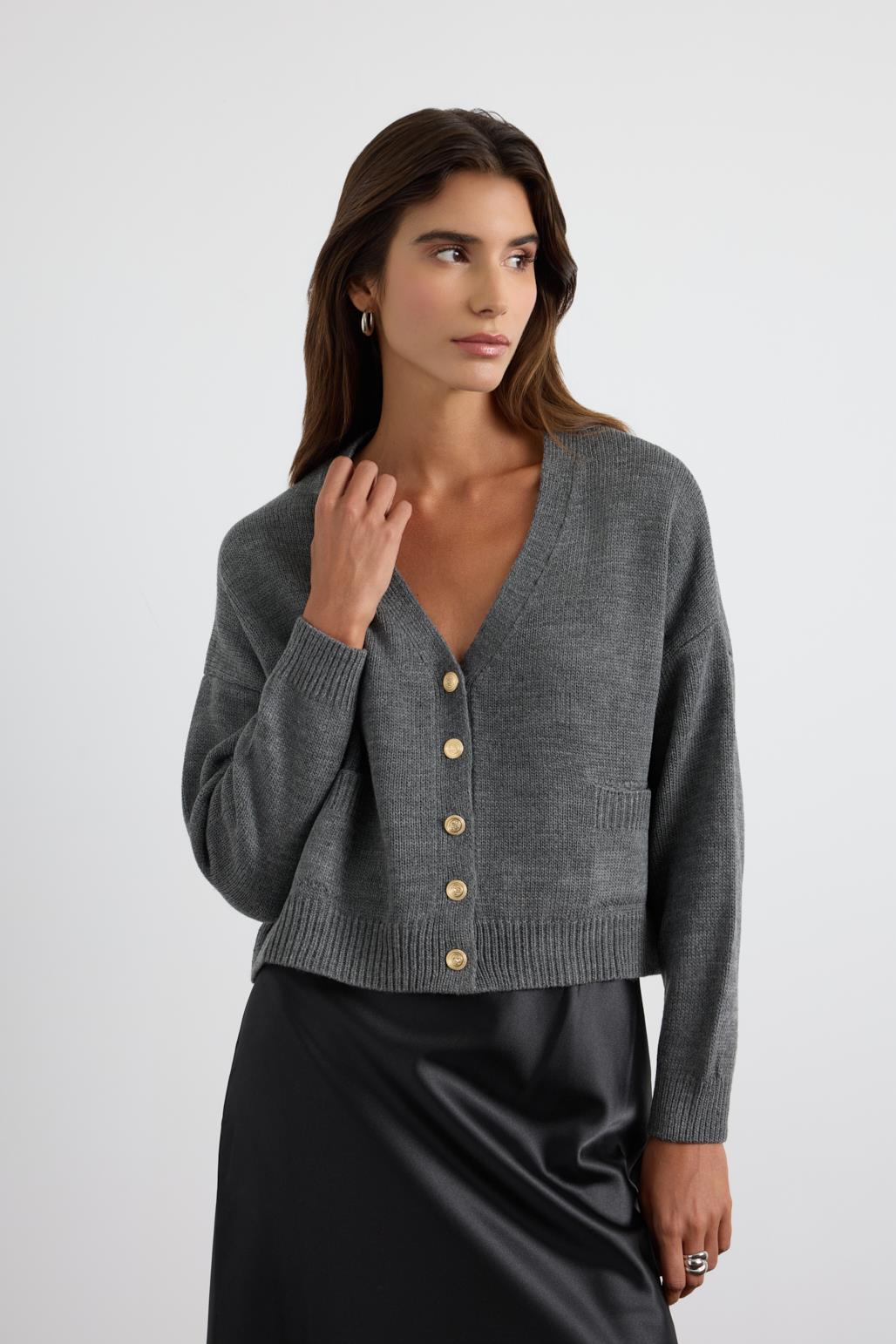 Gold Düğmeli Triko Hırka Antrasit
