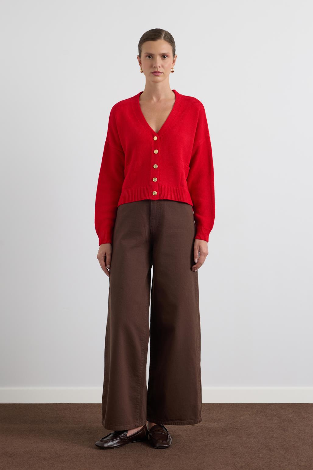 Gold Düğmeli Triko Hırka Kırmızı