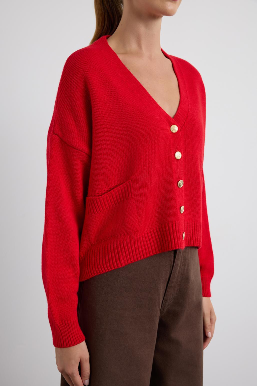 Gold Düğmeli Triko Hırka Kırmızı