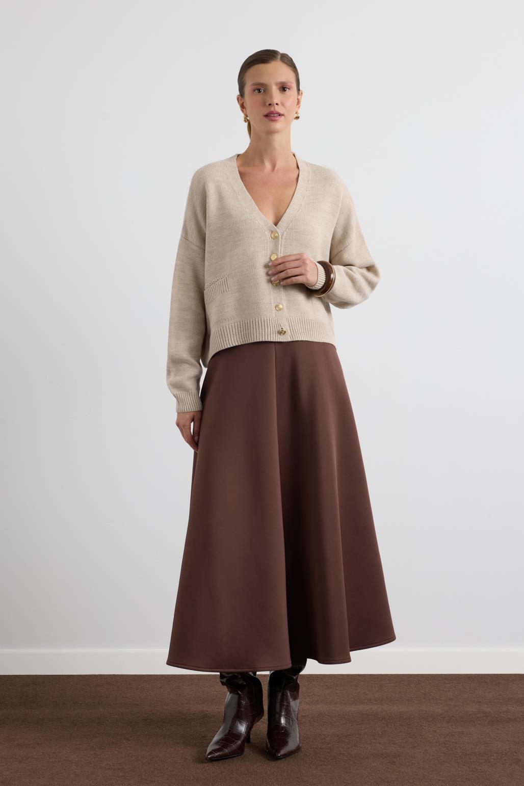 Gold Düğmeli Triko Hırka Taş