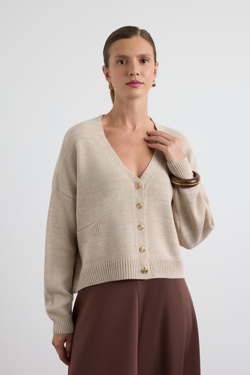 Gold Düğmeli Triko Hırka Taş