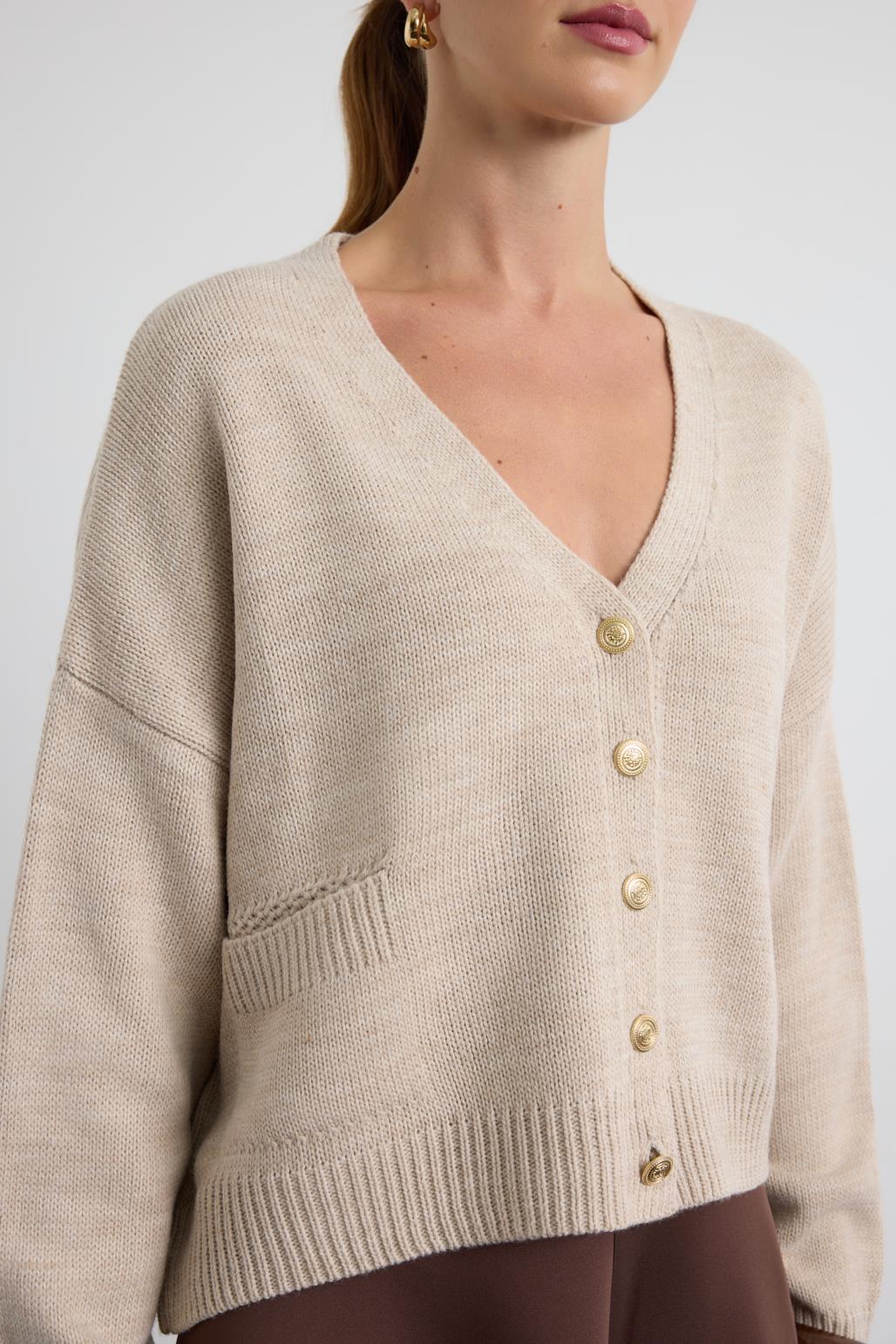 Gold Düğmeli Triko Hırka Taş