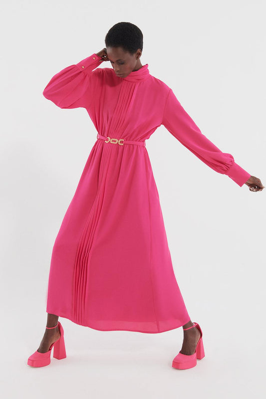 Gold Kemerli Pileli Elbise Pembe