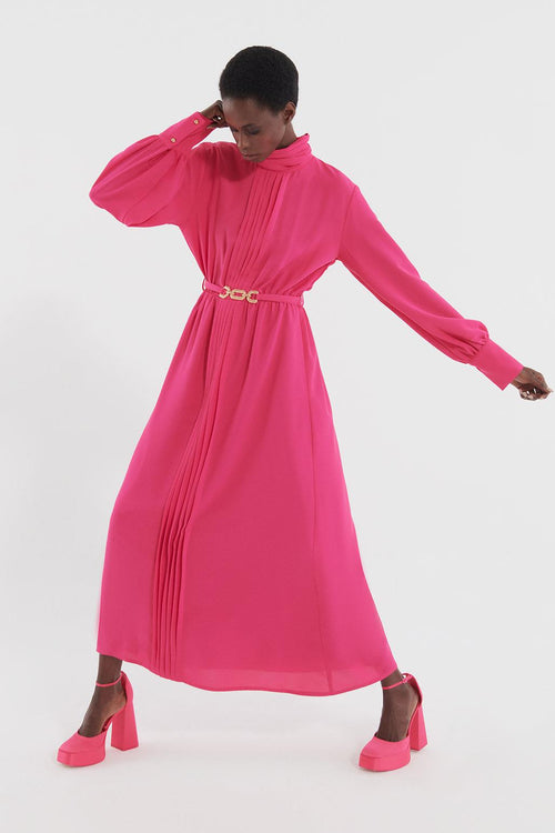 Gold Kemerli Pileli Elbise Pembe