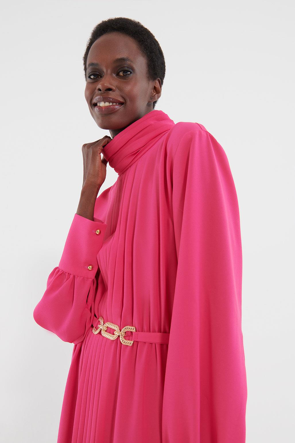 Gold Kemerli Pileli Elbise Pembe