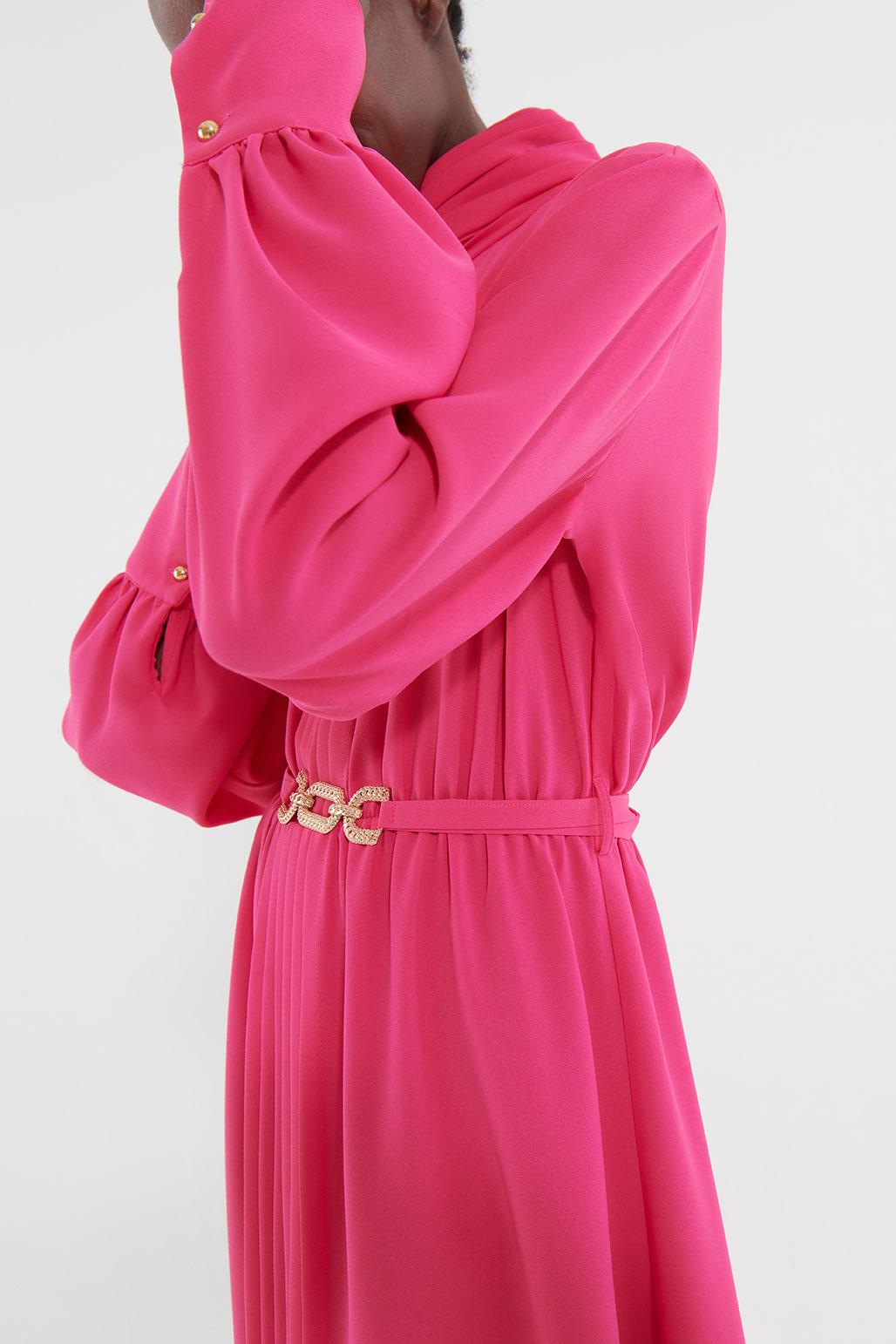 Gold Kemerli Pileli Elbise Pembe