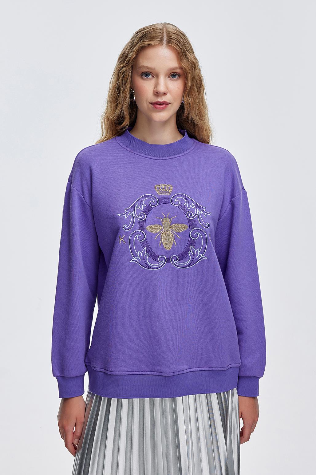 Gold Nakışlı Hoodie Sweatshırt Eflatun