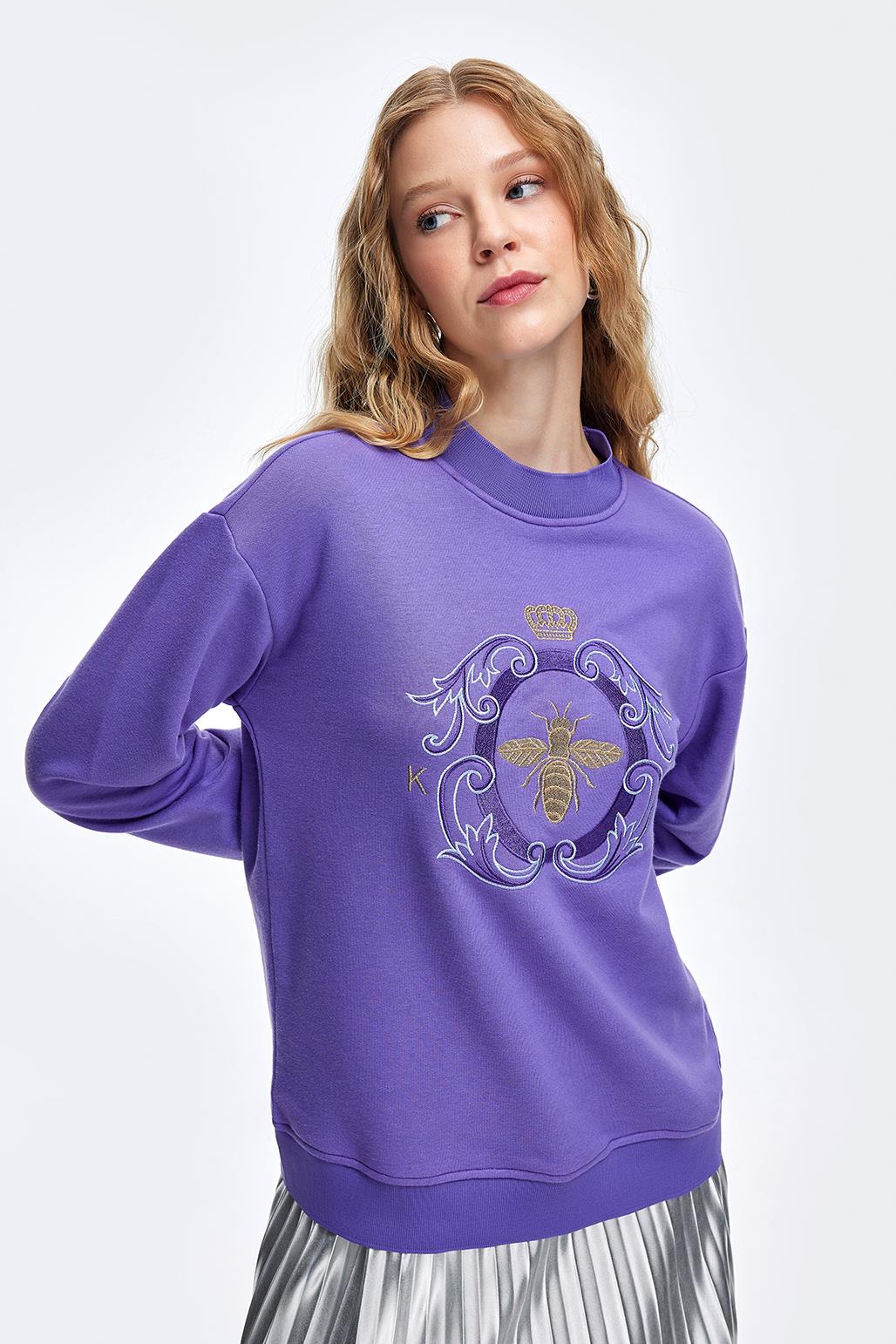Gold Nakışlı Hoodie Sweatshırt Eflatun
