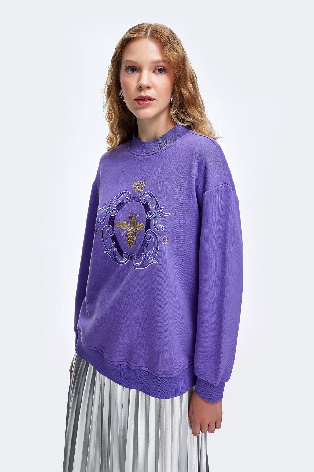 Gold Nakışlı Hoodie Sweatshırt Eflatun
