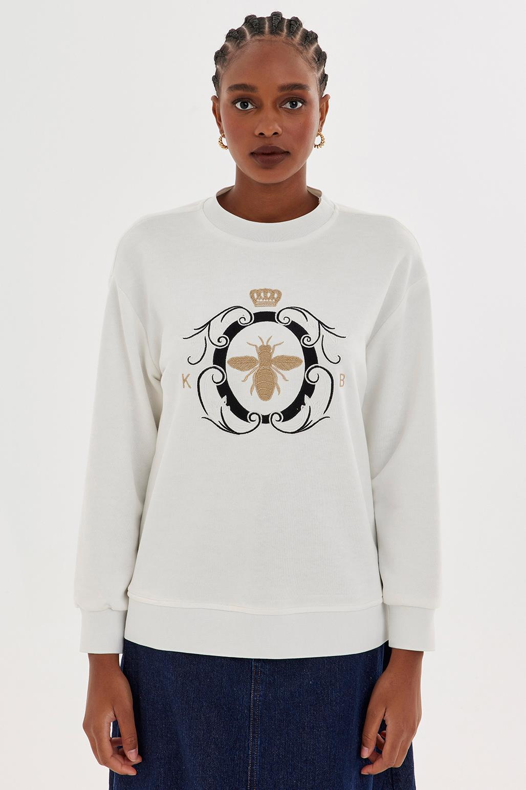 Gold Nakışlı Hoodie Sweatshırt Ekru