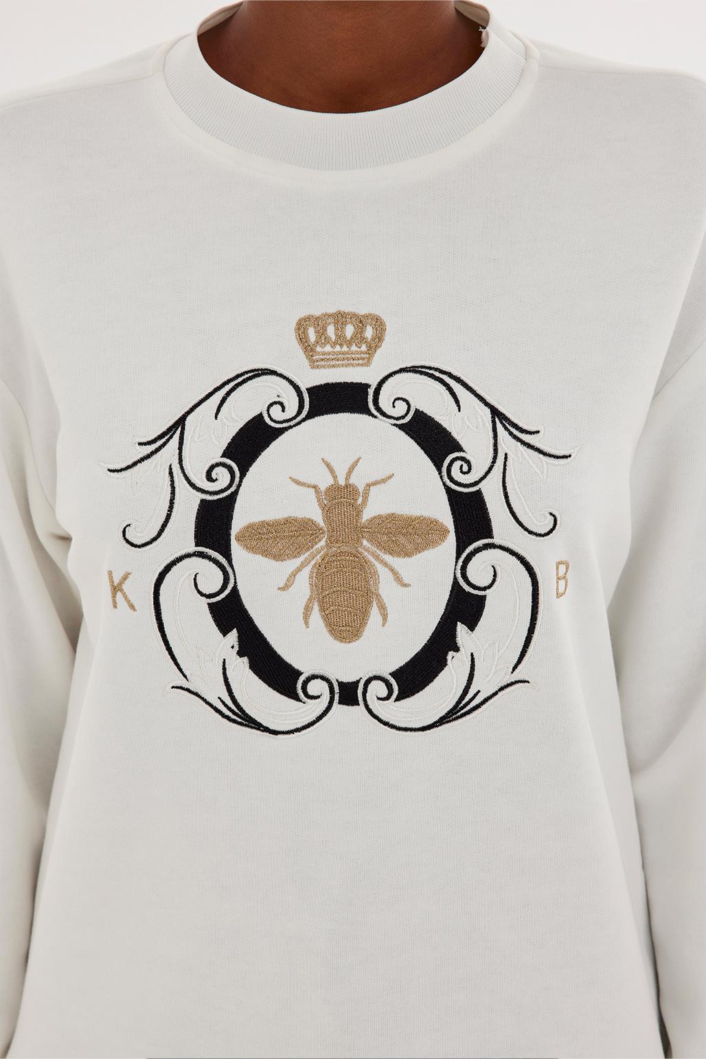 Gold Nakışlı Hoodie Sweatshırt Ekru