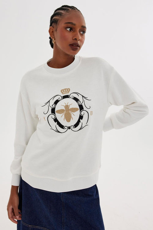 Gold Nakışlı Hoodie Sweatshırt Ekru