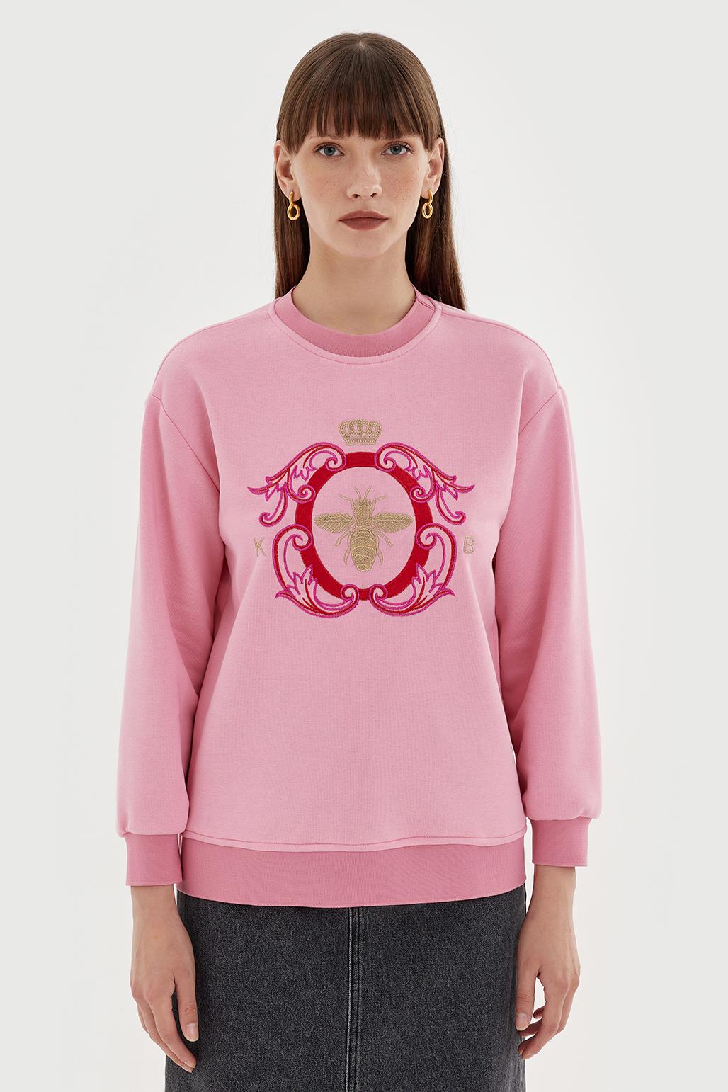 Gold Nakışlı Hoodie Sweatshirt Pembe