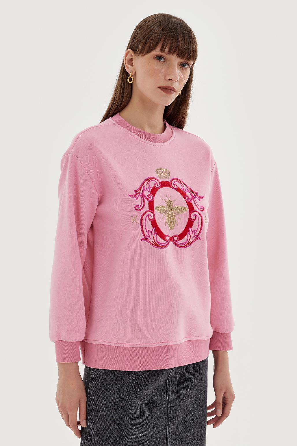 Gold Nakışlı Hoodie Sweatshırt Pembe