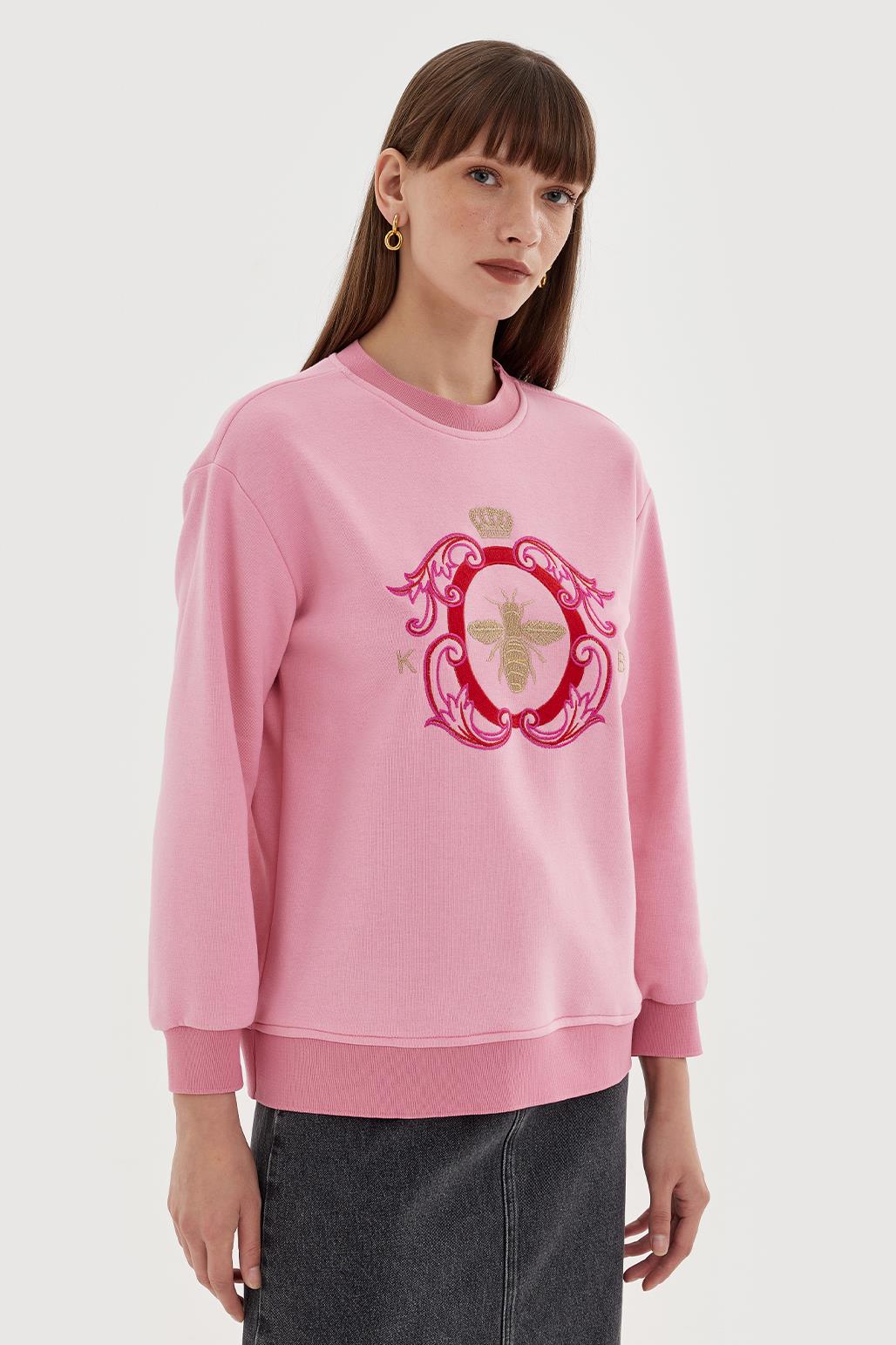 Gold Nakışlı Hoodie Sweatshirt Pembe