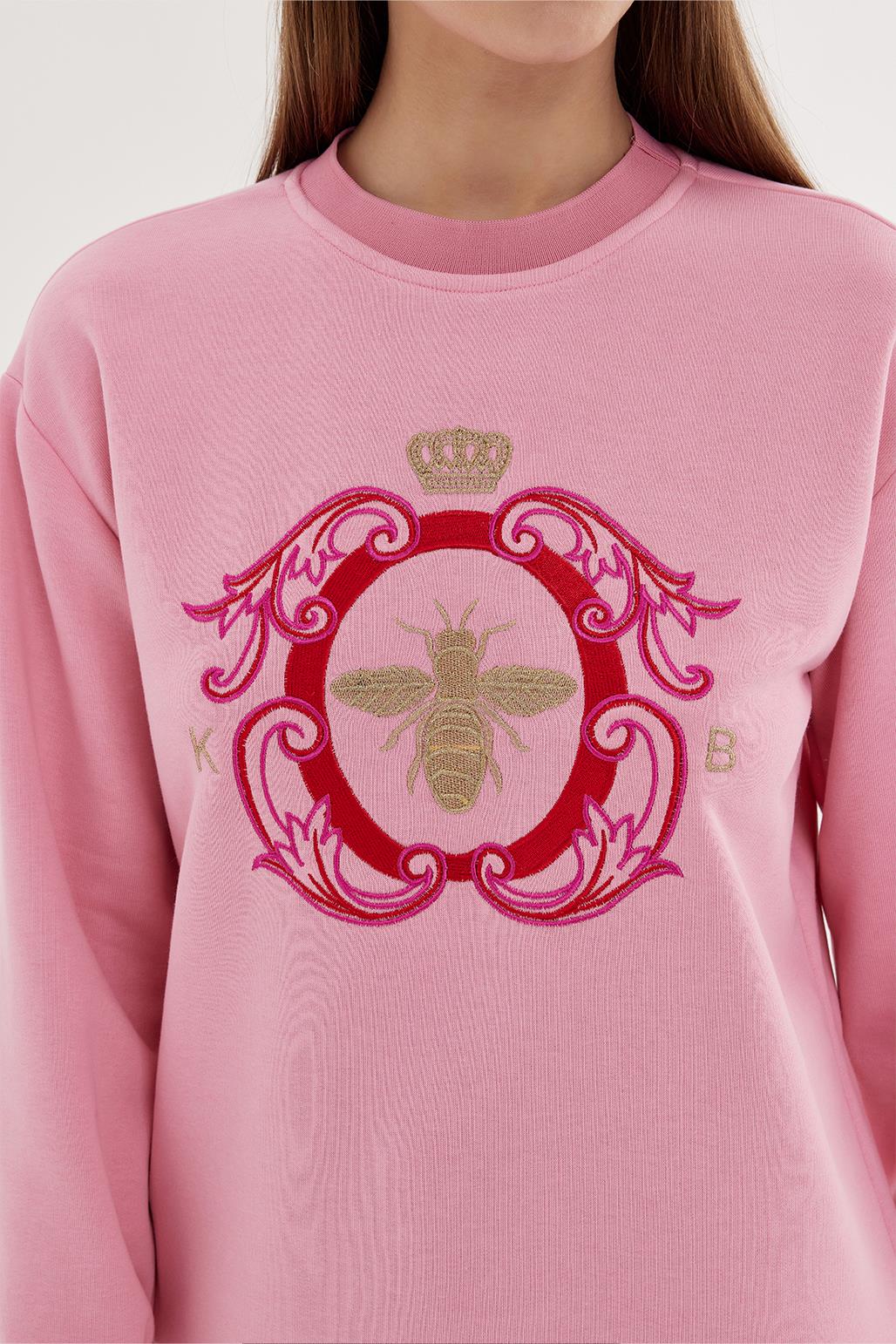 Gold Nakışlı Hoodie Sweatshirt Pembe