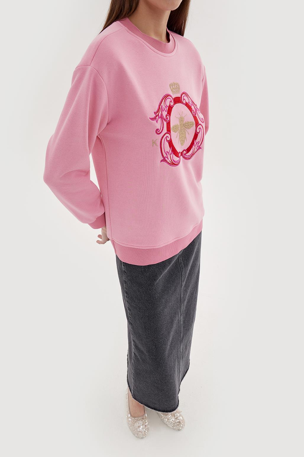 Gold Nakışlı Hoodie Sweatshırt Pembe